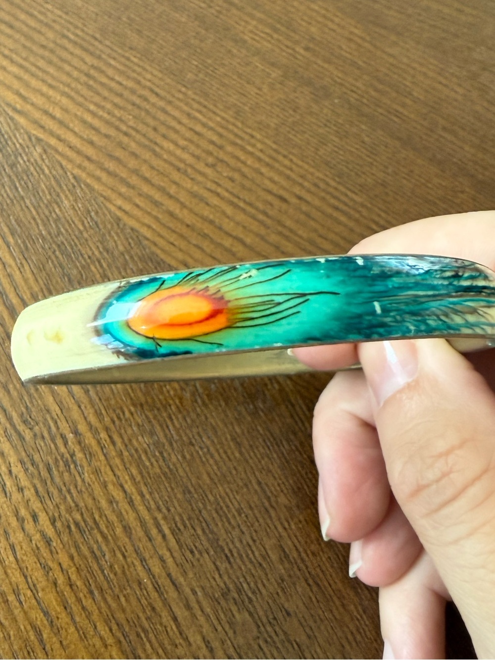Hand-Painted Teal and Orange Peacock bangle